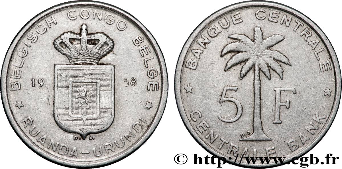 BELGIAN CONGO 5 Francs Banque Centrale Congo Belge-Ruanda-Urundi 1958 Bruxelles XF 