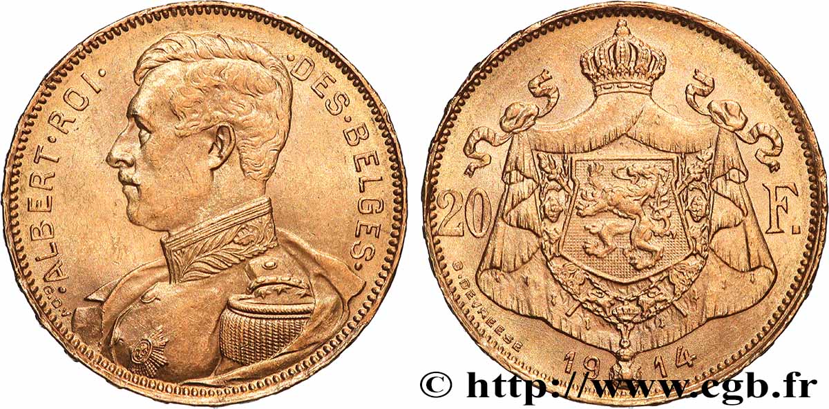 OR, PALLADIUM ET PLATINE INVESTISSEMENT 20 Francs or Albert Ier légende française, position A 1914  TTB+ 