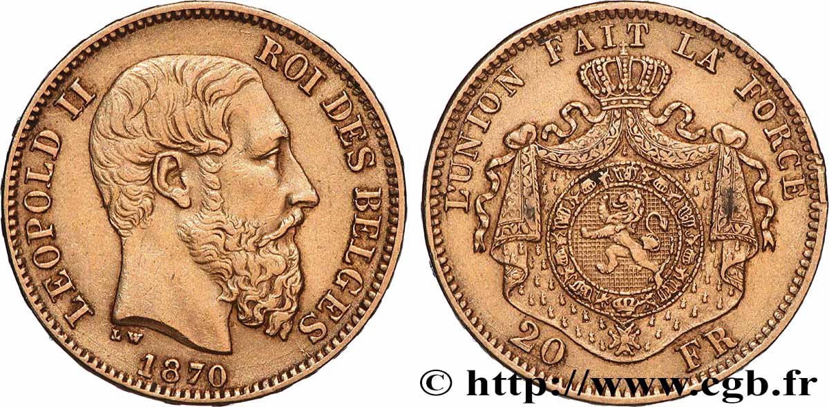 OR, PALLADIUM ET PLATINE INVESTISSEMENT 20 Francs Léopold II 1870 Bruxelles TTB+ 