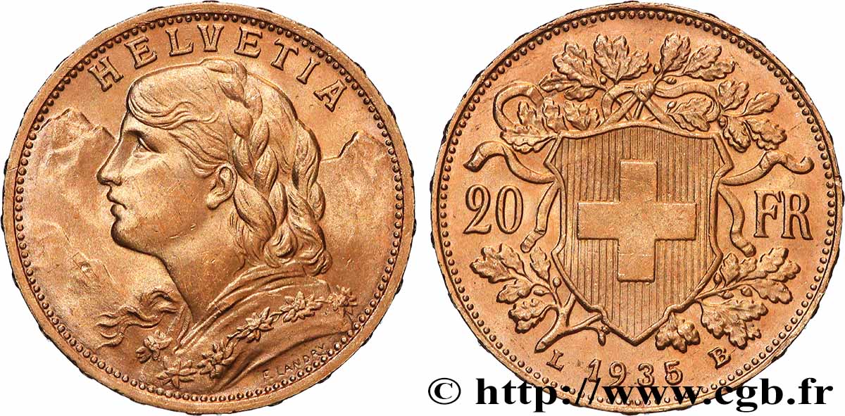 OR, PALLADIUM ET PLATINE INVESTISSEMENT 20 Francs  Vreneli  1935 Berne SUP 