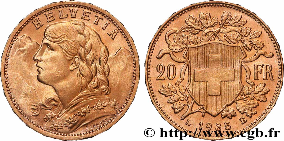 OR, PALLADIUM ET PLATINE INVESTISSEMENT 20 Francs  Vreneli  1935 Berne SUP 