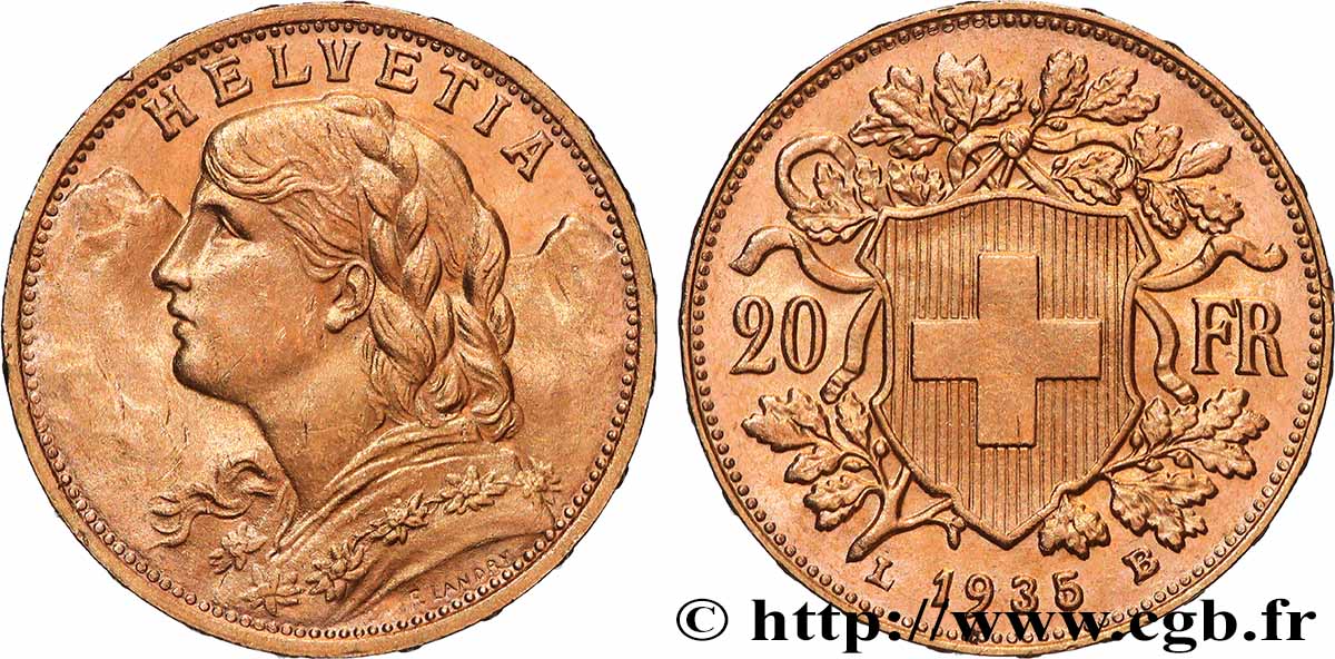 OR, PALLADIUM ET PLATINE INVESTISSEMENT 20 Francs  Vreneli  1935 Berne SUP 