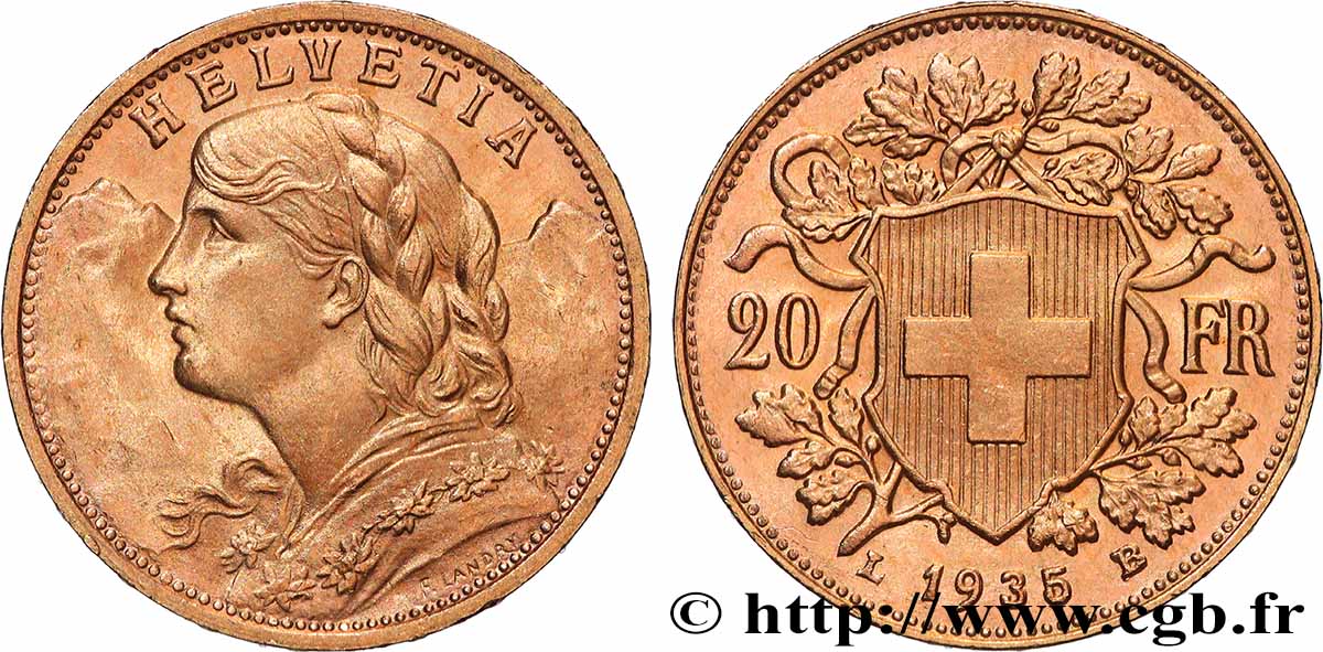 OR, PALLADIUM ET PLATINE INVESTISSEMENT 20 Francs  Vreneli  1935 Berne SUP 