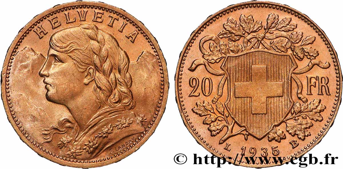 OR, PALLADIUM ET PLATINE INVESTISSEMENT 20 Francs  Vreneli  1935 Berne SUP 