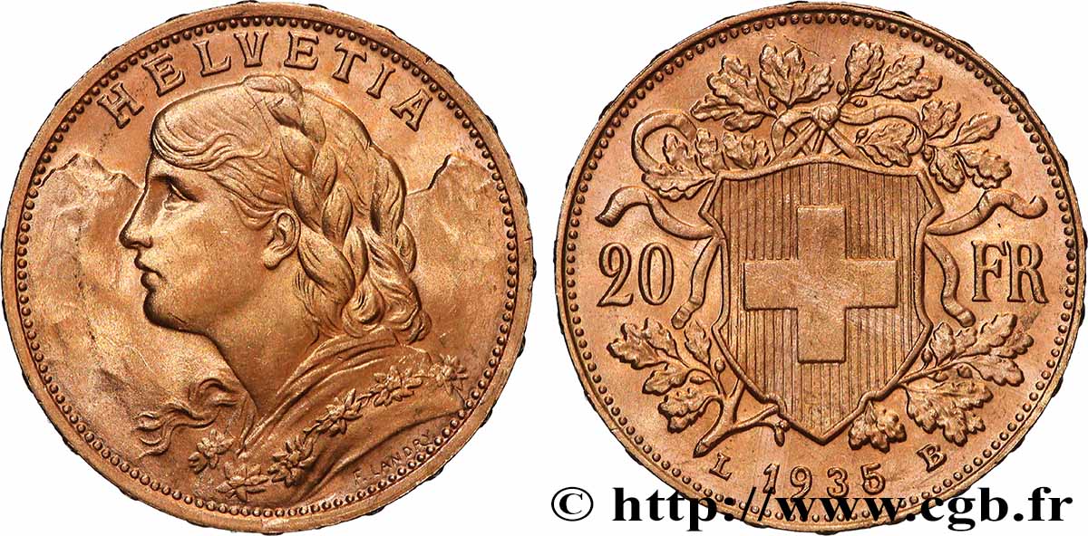 OR, PALLADIUM ET PLATINE INVESTISSEMENT 20 Francs  Vreneli  1935 Berne SUP 