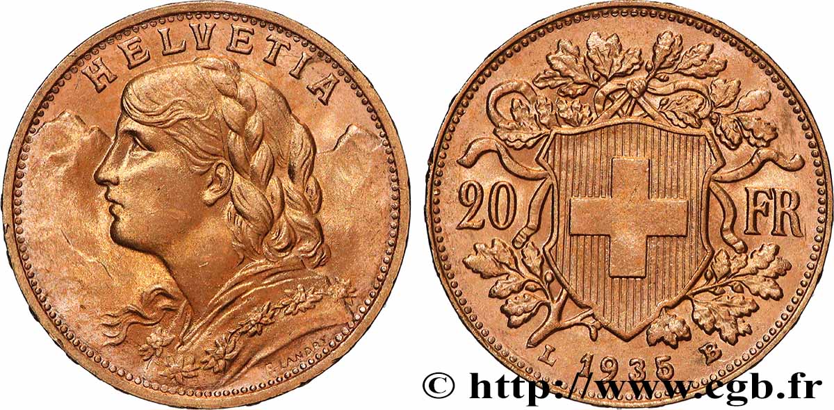 OR, PALLADIUM ET PLATINE INVESTISSEMENT 20 Francs  Vreneli  1935 Berne SUP 