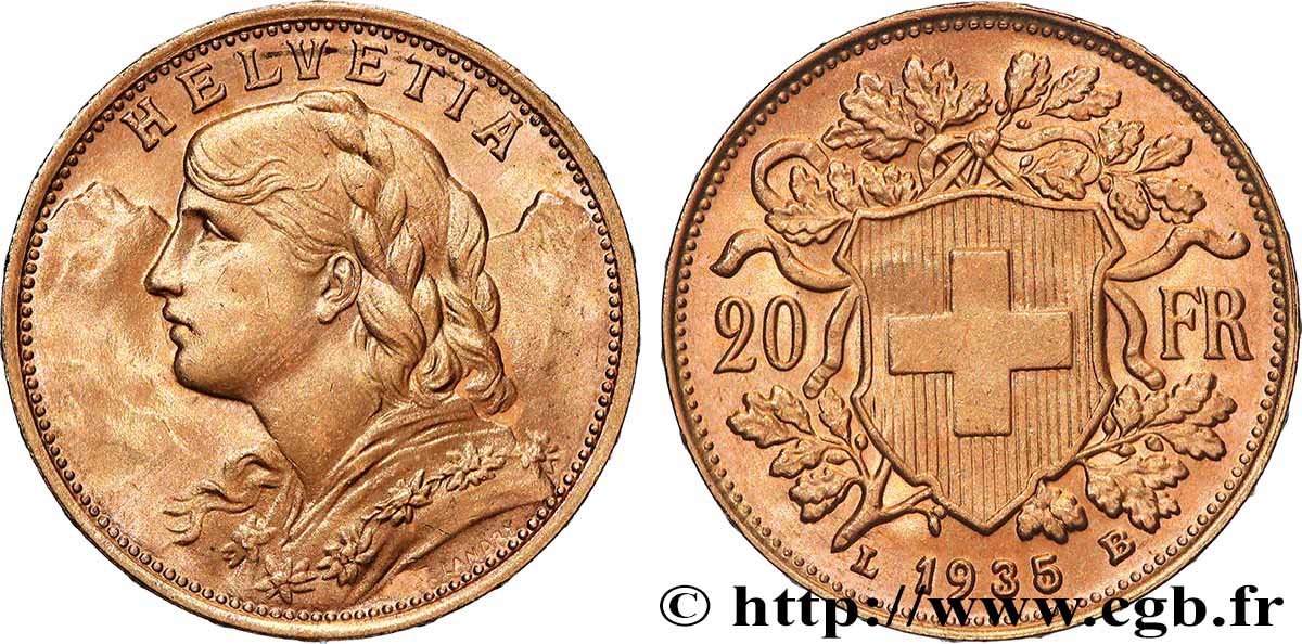 OR, PALLADIUM ET PLATINE INVESTISSEMENT 20 Francs  Vreneli  1935 Berne SUP 