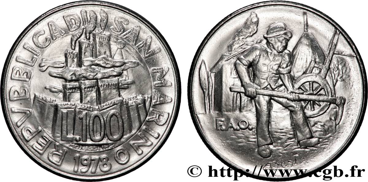 SAINT-MARIN 100 Lire FAO tours / scène agricole 1978 Rome SUP 