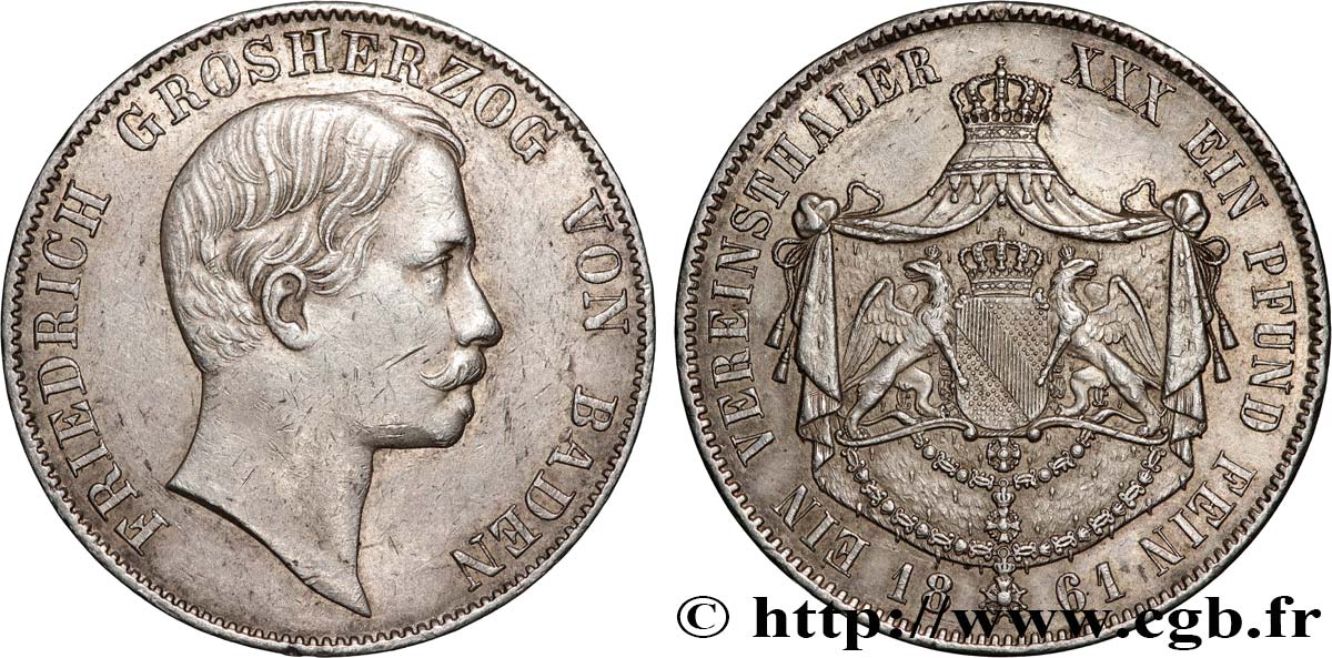 ALLEMAGNE - BADE Thaler Frédéric Ier 1861  TTB+ 