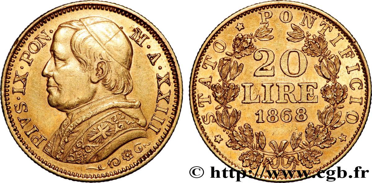 ITALIA - STATO PONTIFICIO - PIE IX (Giovanni Maria Mastai Ferretti) 20 Lire an XXIII 1868 Rome q.SPL/SPL 