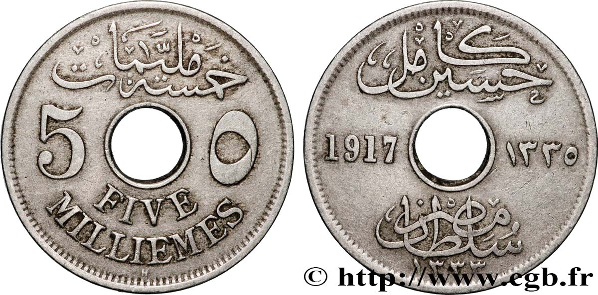 ÉGYPTE 5 Millièmes AH1333 1917 Heaton - H SUP 
