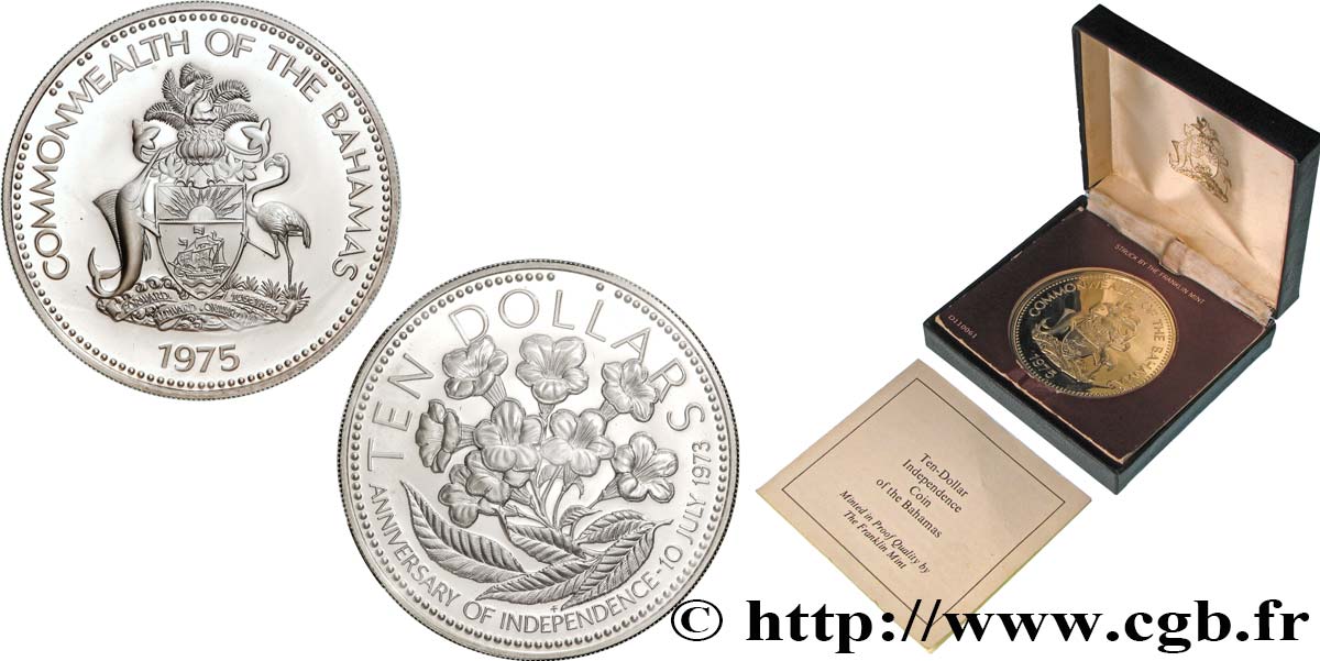 BAHAMAS 10 Dollars Proof Anniversaire de l’indépendance 1975  FDC 