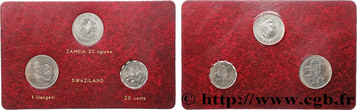LOTS DE MONNAIES DU MONDE Lot 20 ngwee (Zambie), 20 cents et 1 lilangeni (Swaziland) Journée mondiale de l’alimentation 1981  SPL 