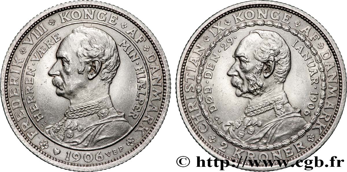 DANEMARK 2 Kroner mort de Christian IX et accession de Frédéric VIII 1906 Copenhague SPL 