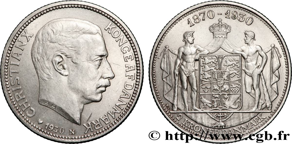 DENMARK 2 Kroner 60e anniversaire du roi Christian X 1930 Copenhague AU 