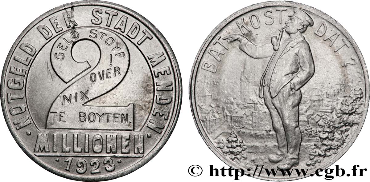 ALLEMAGNE - Notgeld 2 Millions de Mark - Ville de Menden 1923  SUP 
