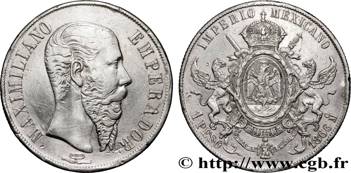 MEXIQUE - MAXIMILIEN Ier 1 Peso  1866 Mexico SS 