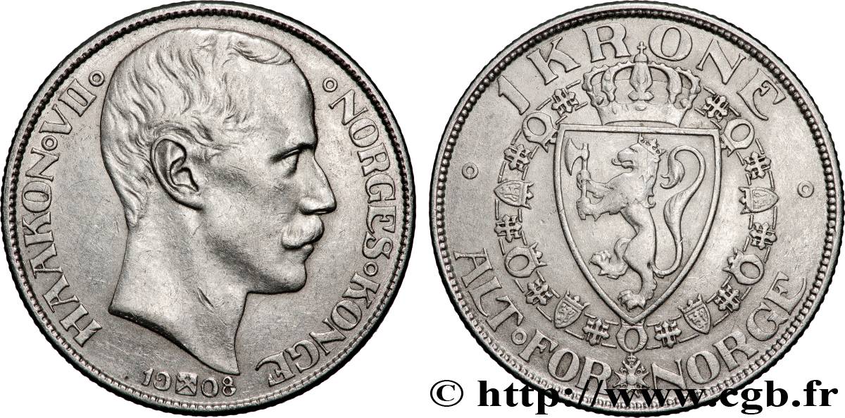 NORVÈGE 1 Krone Haakon VII 1908 Konsberg TTB+ 