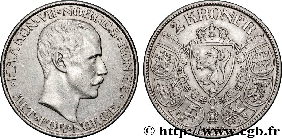 NORVÈGE 2 Kroner Haakon VII 1908 Konsberg TTB+ 