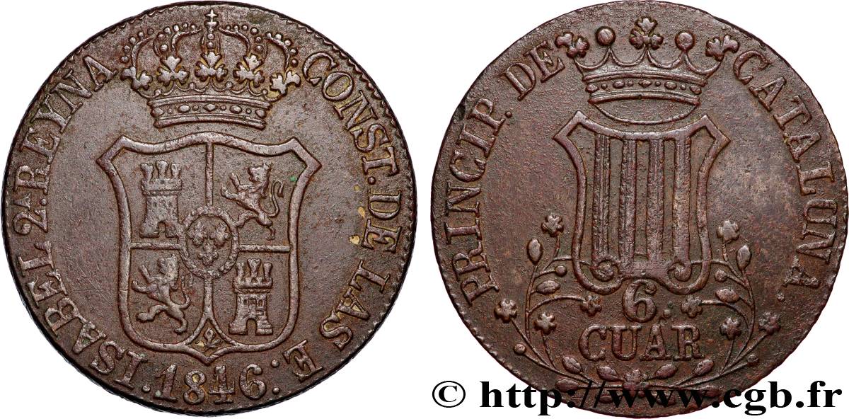 ESPAÑA - CATALUÑA 6 Quartos Isabelle II (fleurs à sept pétales) 1846 Catalogne MBC 