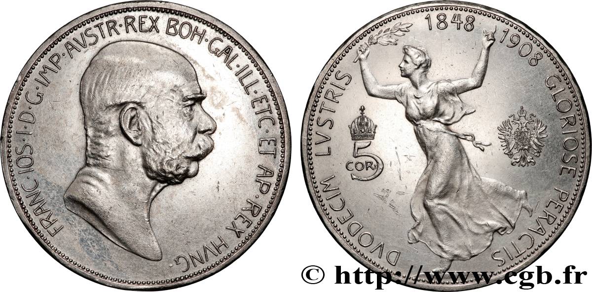 AUTRICHE 5 Corona 60e anniversaire du règne de François-Joseph Ier  1908  SUP 