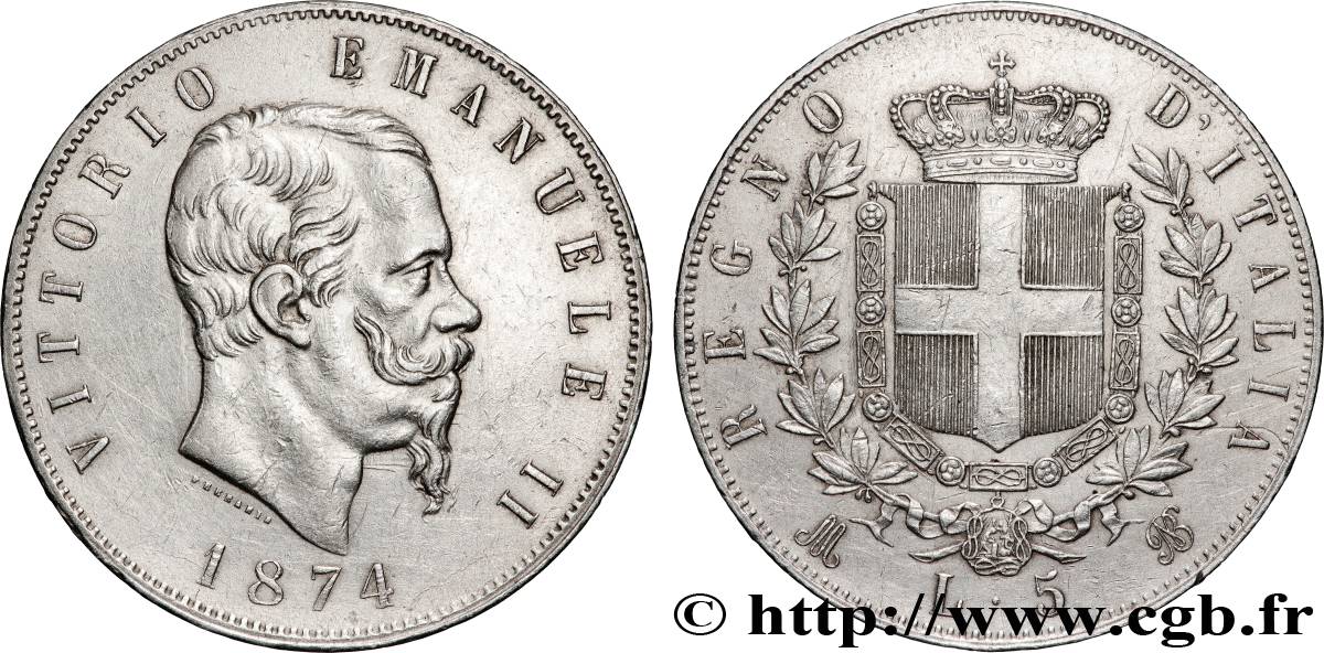 ITALIE 5 Lire Victor Emmanuel II 1874 Milan TTB+ 