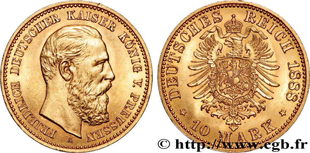 ALEMANIA - PRUSIA 10 Mark Frédéric III  1888 Berlin EBC 