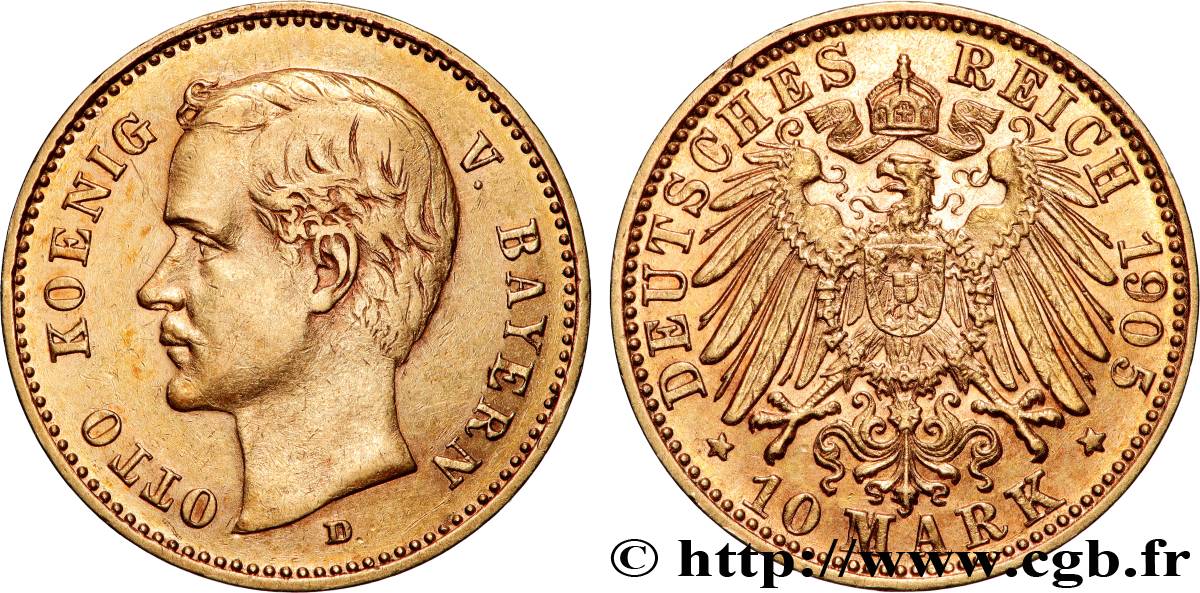 GERMANIA - BAVIERIA 10 Mark or, 3e type Othon de Bavière 1905 Münich q.SPL 