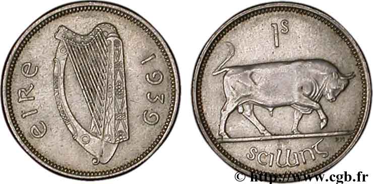 IRELAND REPUBLIC 1 Shilling harpe / taureau 1939  AU 