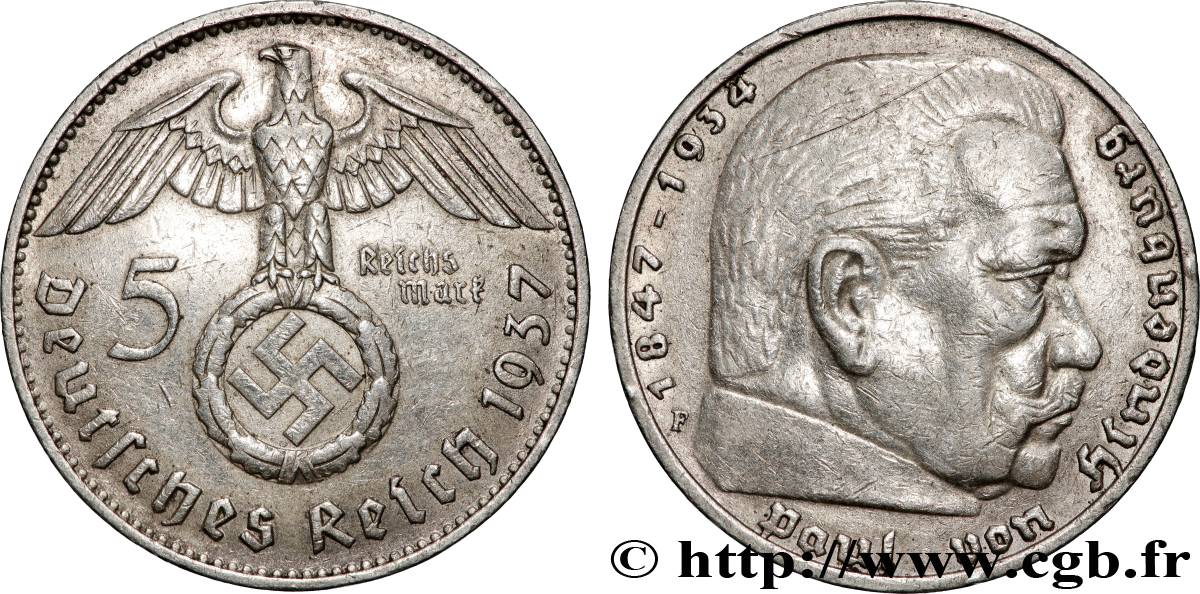 ALLEMAGNE 5 Reichsmark Maréchal Paul von Hindenburg 1937 Stuttgart TTB 