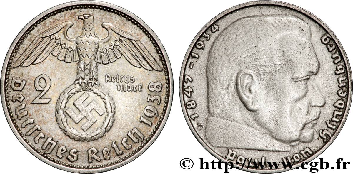 ALLEMAGNE 2 Reichsmark Maréchal Paul von Hindenburg 1938 Munich TTB 