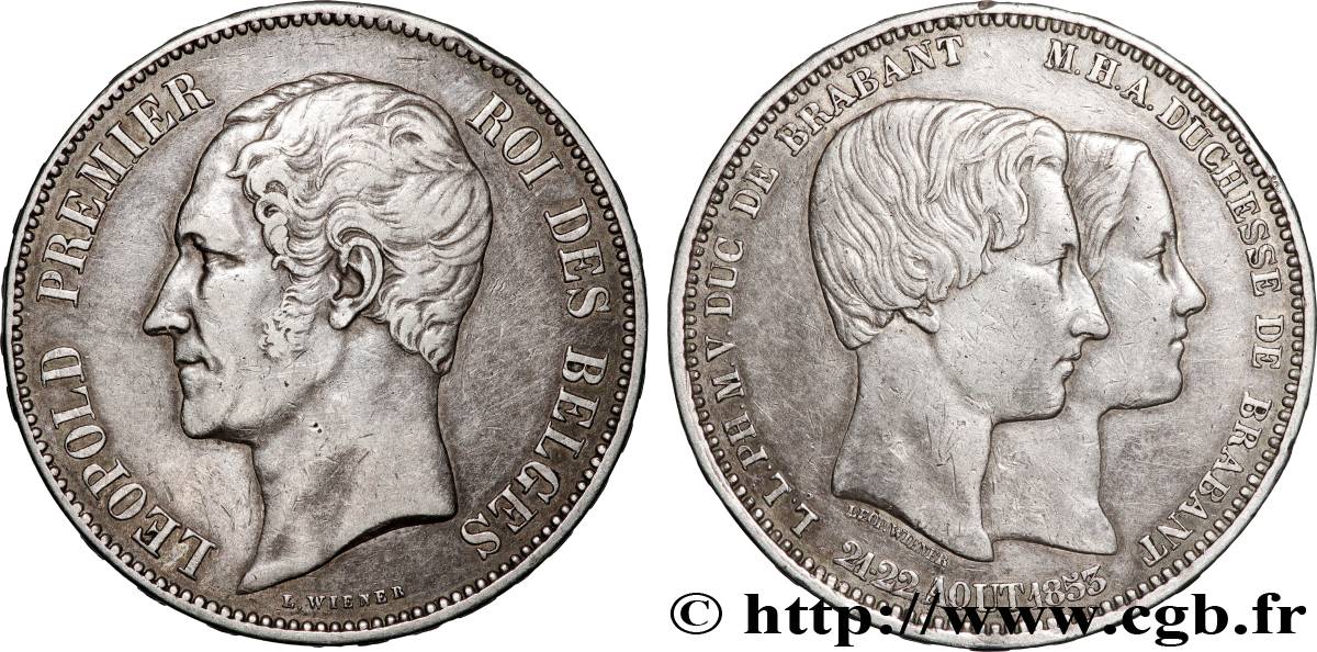 BELGIQUE 5 Francs mariage du Duc et de la Duchesse de Brabant 1853  TTB+ 