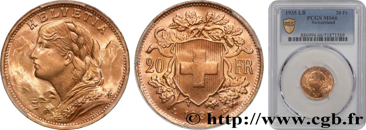 SWITZERLAND 20 Francs &nbsp;Vreneli&nbsp;  1935 Berne MS66 PCGS
