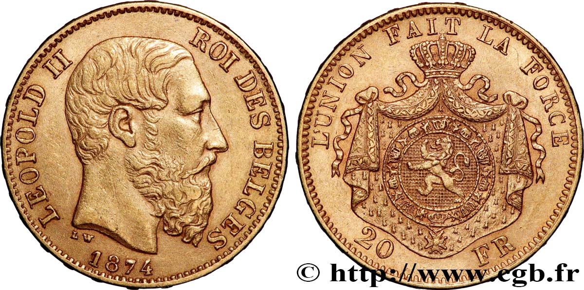 OR, PALLADIUM ET PLATINE INVESTISSEMENT 20 Francs Léopold II 1874 Bruxelles TTB+ 