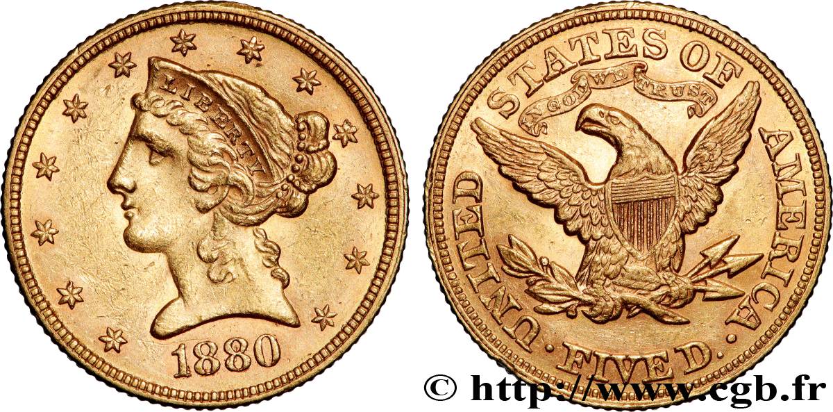 OR, PALLADIUM ET PLATINE INVESTISSEMENT 5 Dollars  Liberty  1880 Philadelphie TTB+ 