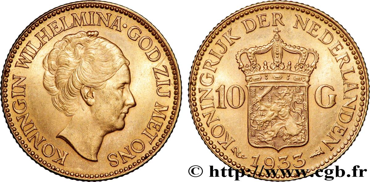 OR, PALLADIUM ET PLATINE INVESTISSEMENT 10 Gulden 4e type Wilhelmina 1933 Utrecht SUP 