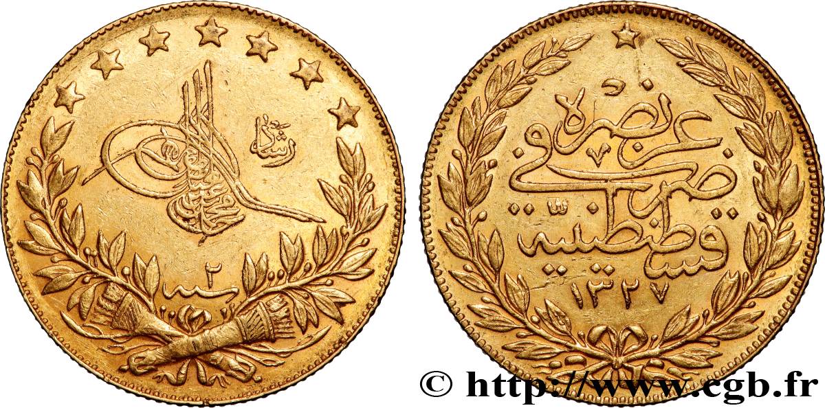 OR, PALLADIUM ET PLATINE INVESTISSEMENT 100 Kurush Sultan Mohammed V Resat AH 1327 An 2 1910 Constantinople TTB+ 