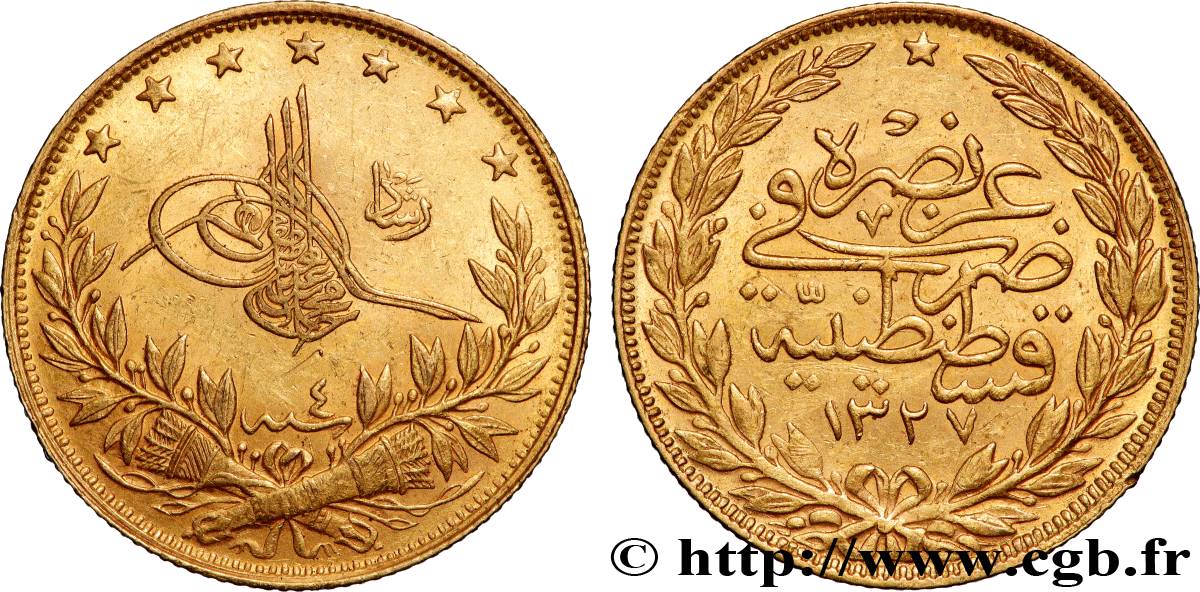 OR, PALLADIUM ET PLATINE INVESTISSEMENT 100 Kurush Sultan Mohammed V Resat AH 1327 An 4 1912 Constantinople TTB+ 
