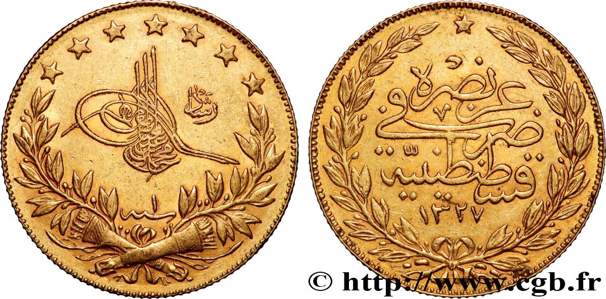 GOLD, PALLADIUM & PLATINUM INVESTMENT 100 Kurush Sultan Mohammed V Resat AH 1327 An 1 1909 Constantinople AU 