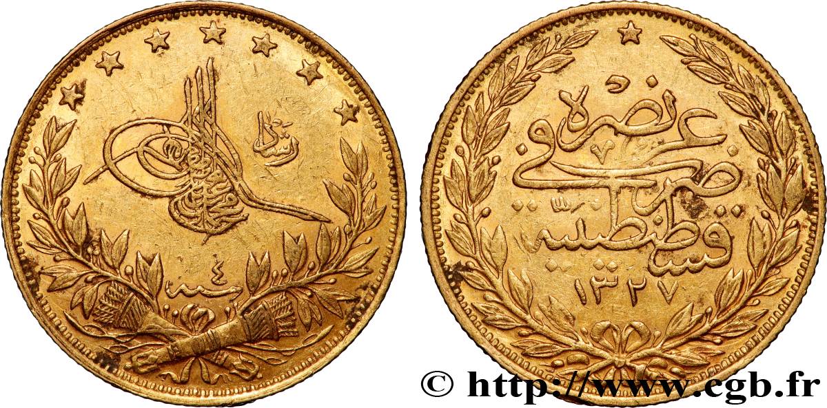 OR, PALLADIUM ET PLATINE INVESTISSEMENT 100 Kurush Sultan Mohammed V Resat AH 1327 An 4 1912 Constantinople TTB+ 