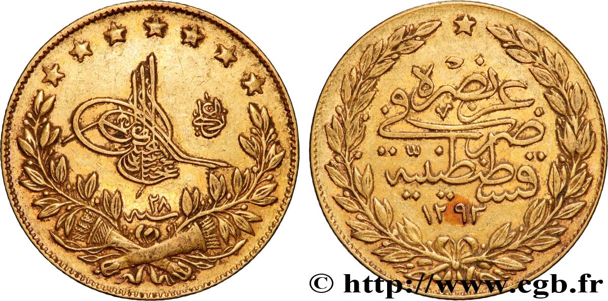OR, PALLADIUM ET PLATINE INVESTISSEMENT 100 Kurush en or Sultan Abdülhamid II AH 1293 an 28 1903 Constantinople TTB 