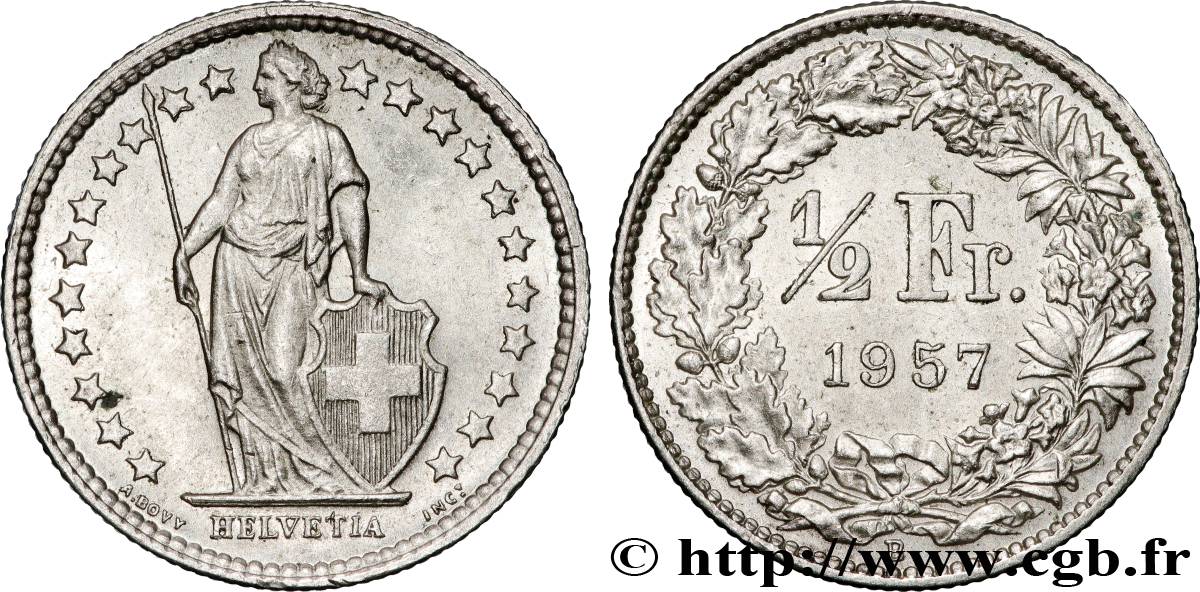 SUISSE 1/2 Franc Helvetia 1957 Berne SUP 