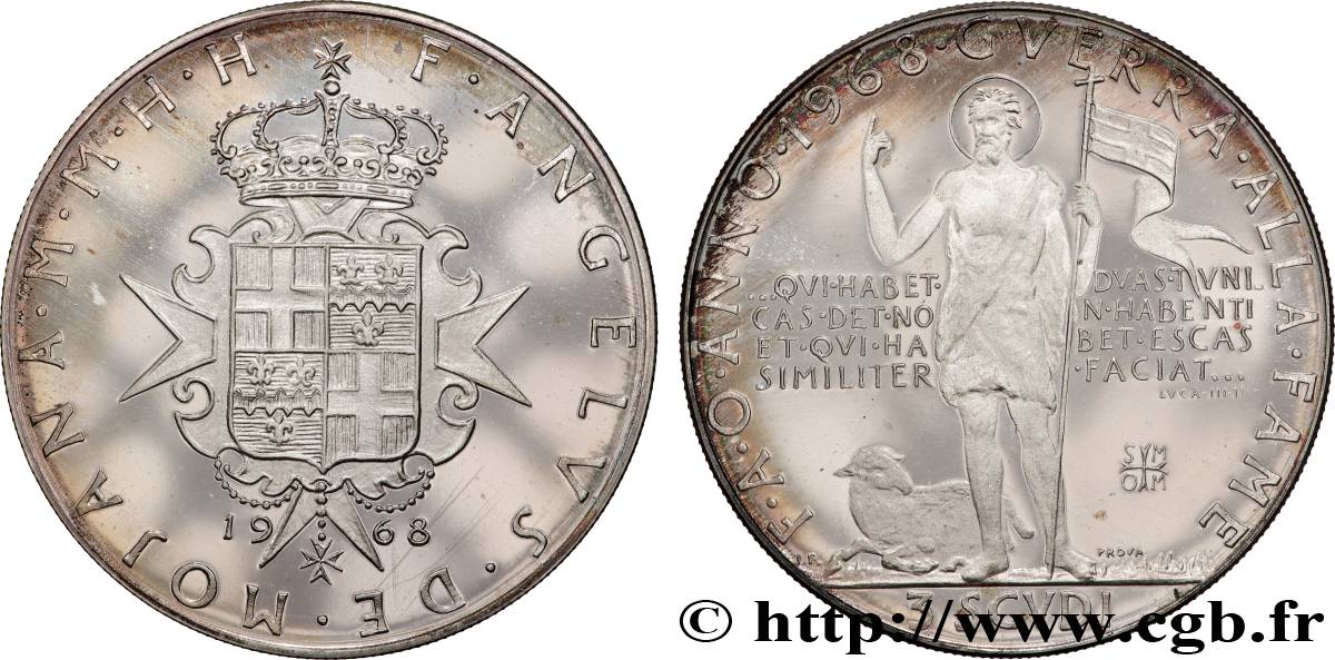 ORDRE SOUVERAIN DE MALTE 3 Scudi Proof Frà Angelus de Mojana 1968 S.M.O.M., Rome SPL 