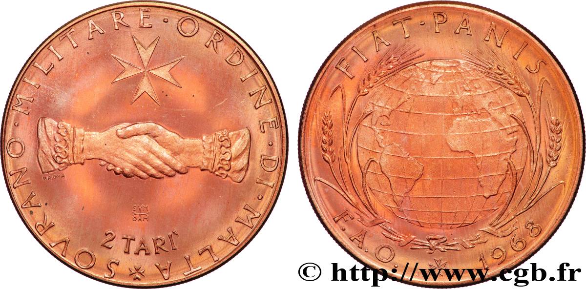 ORDRE SOUVERAIN DE MALTE 2 Tari Proof Frà Angelus de Mojana FAO 1968 S.M.O.M., Rome SPL 