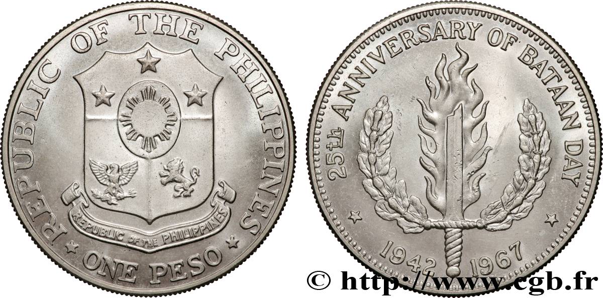 PHILIPPINES 1 Peso 25e anniversaire du jour de Bataan 1967 San Francisco SPL 