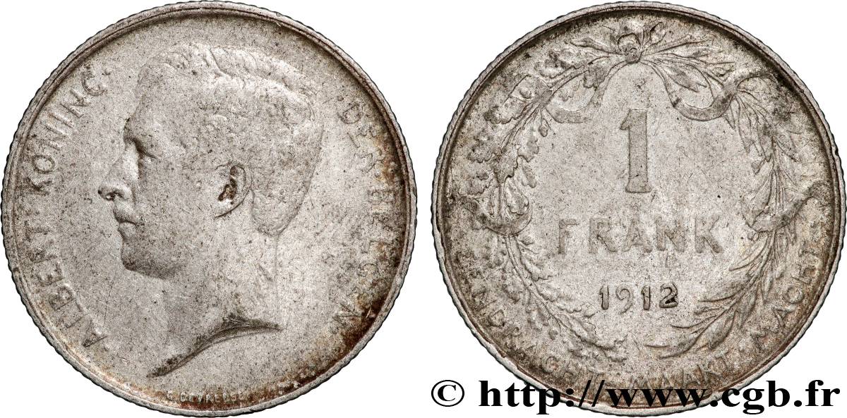 BELGIEN 1 Frank (Franc) Albert Ier légende flamande 1912 Bruxelles S 