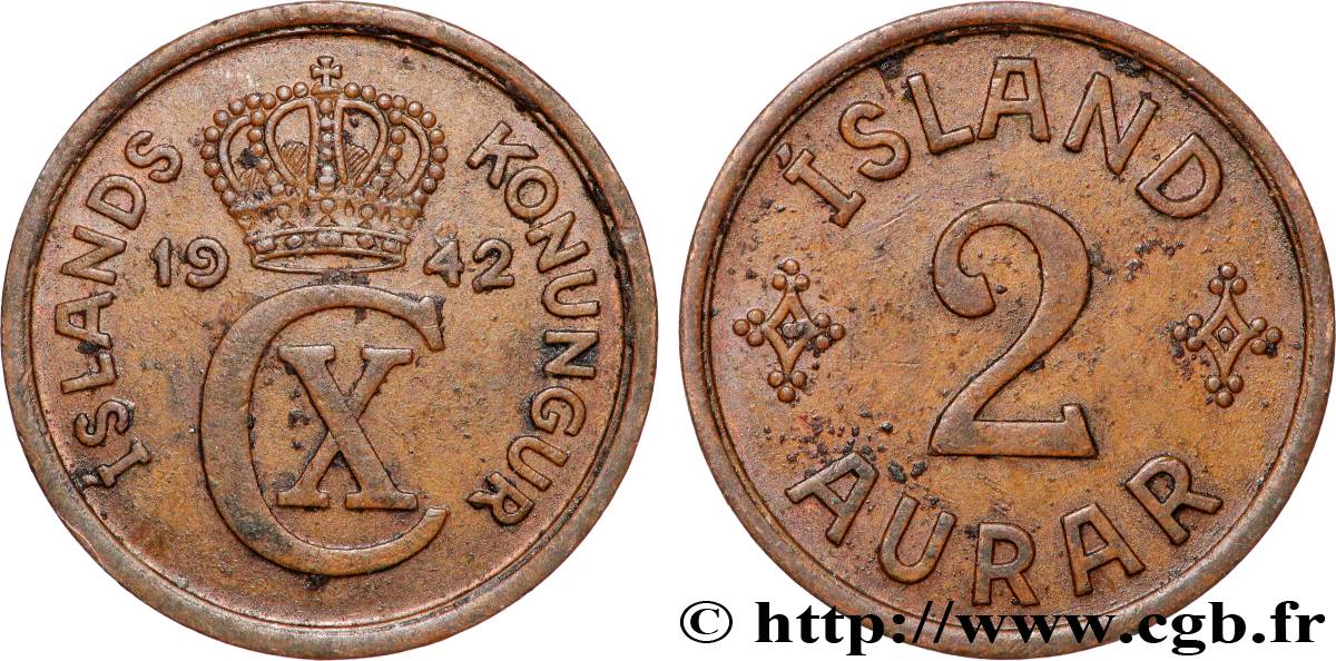 ISLANDE 2 Kronur Charles X 1942 Londres TTB+ 
