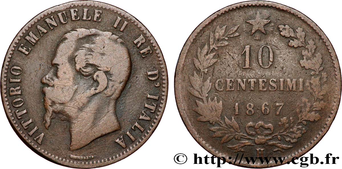ITALIE 10 Centesimi Victor Emmanuel II 1867 Birmingham TB 