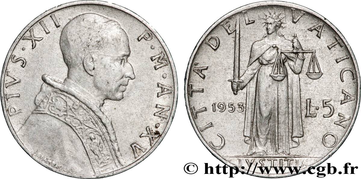 VATICAN ET ÉTATS PONTIFICAUX 5 Lire Pie XII an XV 1953 Rome TTB 