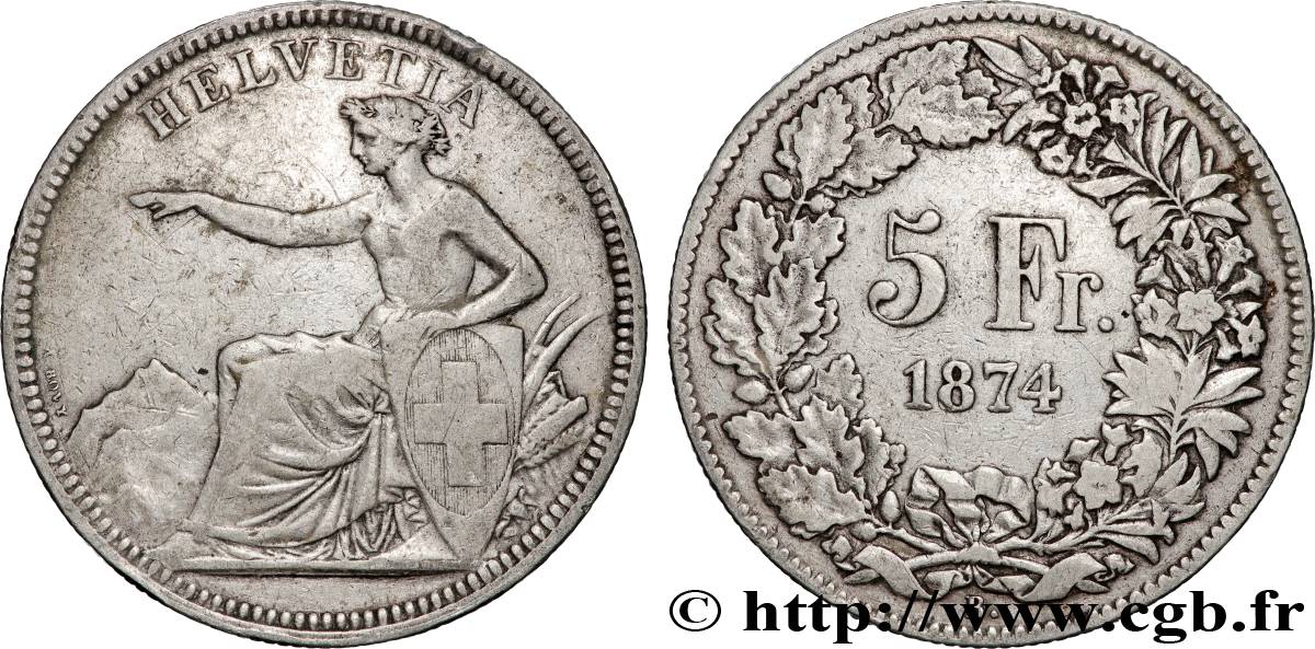 SWITZERLAND 5 Francs Helvetia assise 1874 Bruxelles XF 